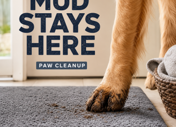 Muddy dog paw on a washable entryway mat beside a labeled towel basket.