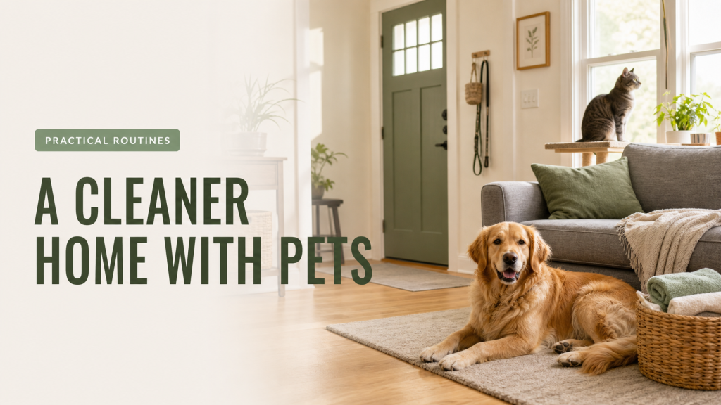 Golden retriever and tabby cat relaxing in a clean, sunlit American living room.