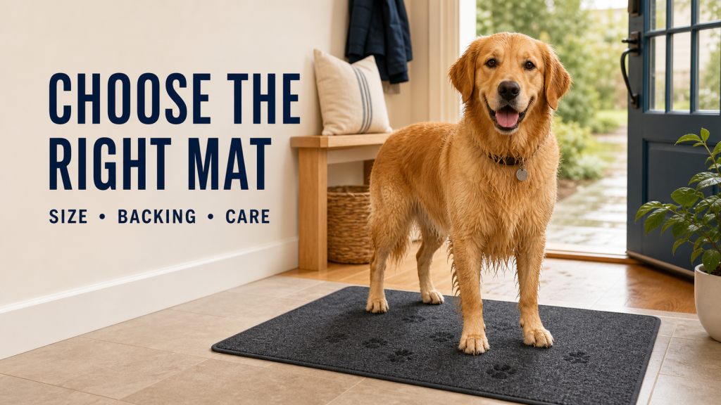 Alt text:
Golden retriever standing on a low-profile charcoal washable doormat in a bright home entryway.