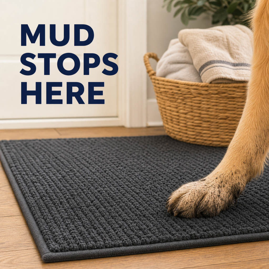 Alternative Text: Muddy golden retriever paw resting on a textured charcoal doormat beside a towel basket.