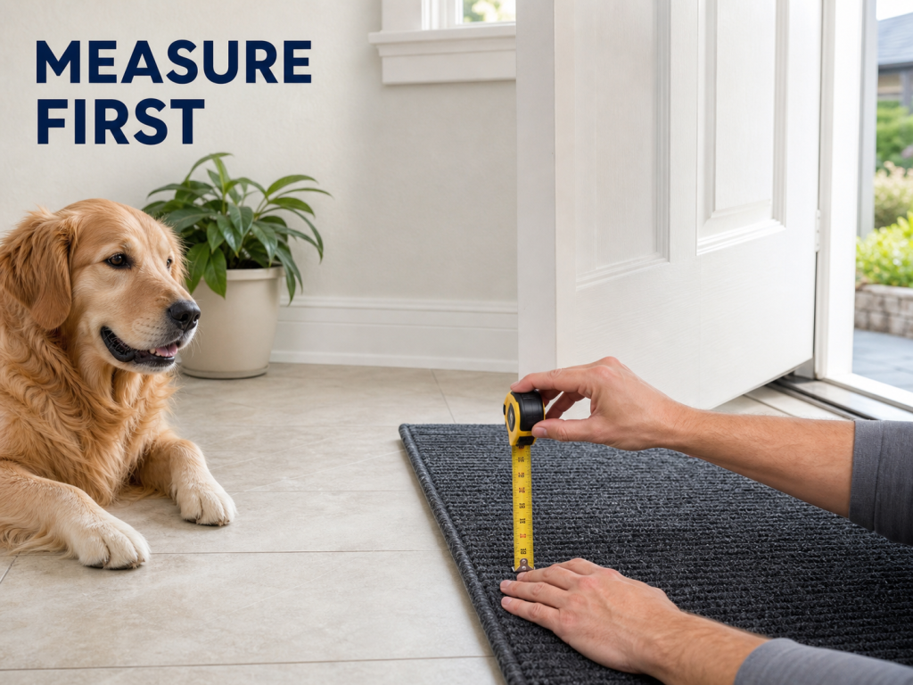 Alt text:
Homeowner measuring clearance between an open front door and a low-profile gray dog doormat.