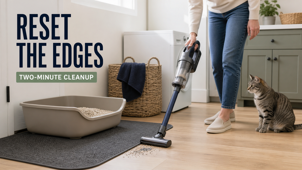 Cat owner vacuuming dry litter granules from the edge of a mat while a gray tabby waits nearby.