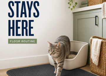 Gray tabby cat stepping from an open litter box onto a wide charcoal litter mat in a bright laundry room.