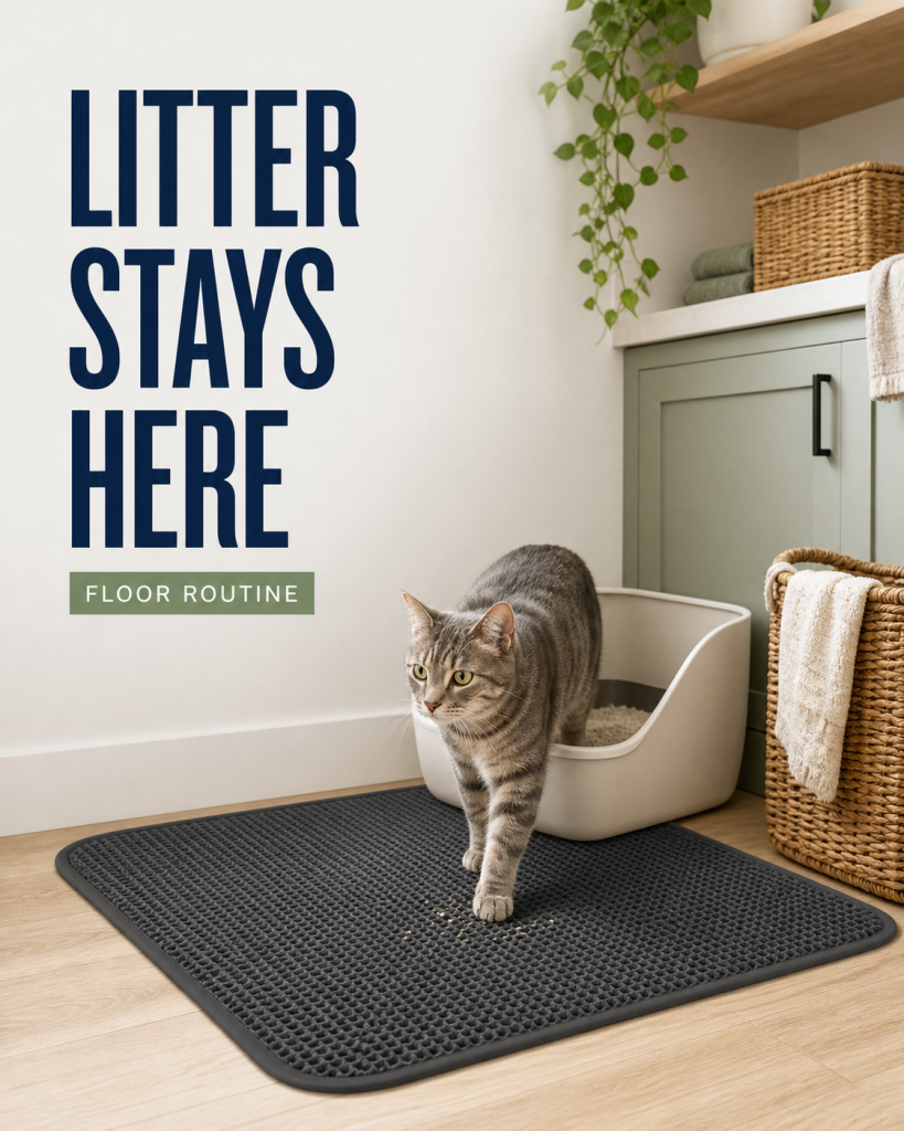 Gray tabby cat stepping from an open litter box onto a wide charcoal litter mat in a bright laundry room.