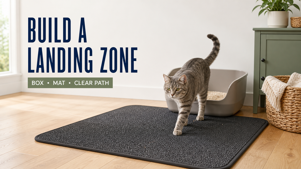 Gray tabby cat crossing a wide charcoal litter mat placed along the exit path from an open litter box.