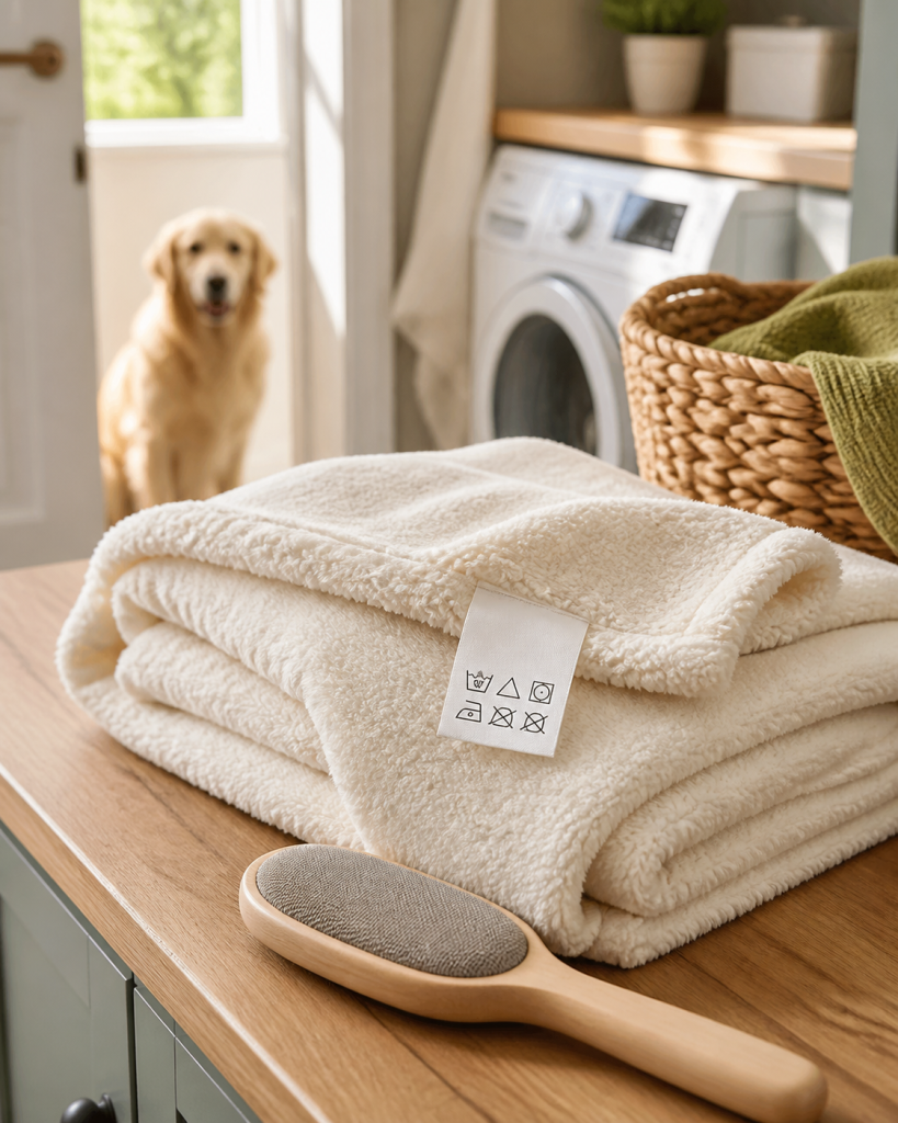 Folded cream throw blanket beside a fabric-care tag, lint brush, and small laundry basket.