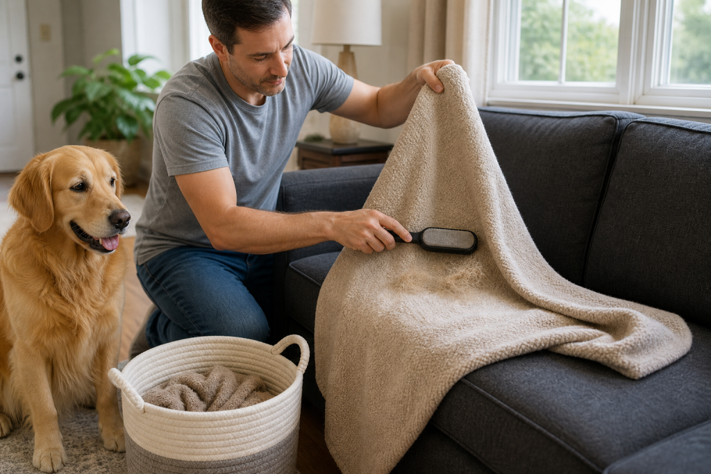 Dog owner lifting a beige throw blanket from a sofa while using a lint brush to collect loose pet hair.