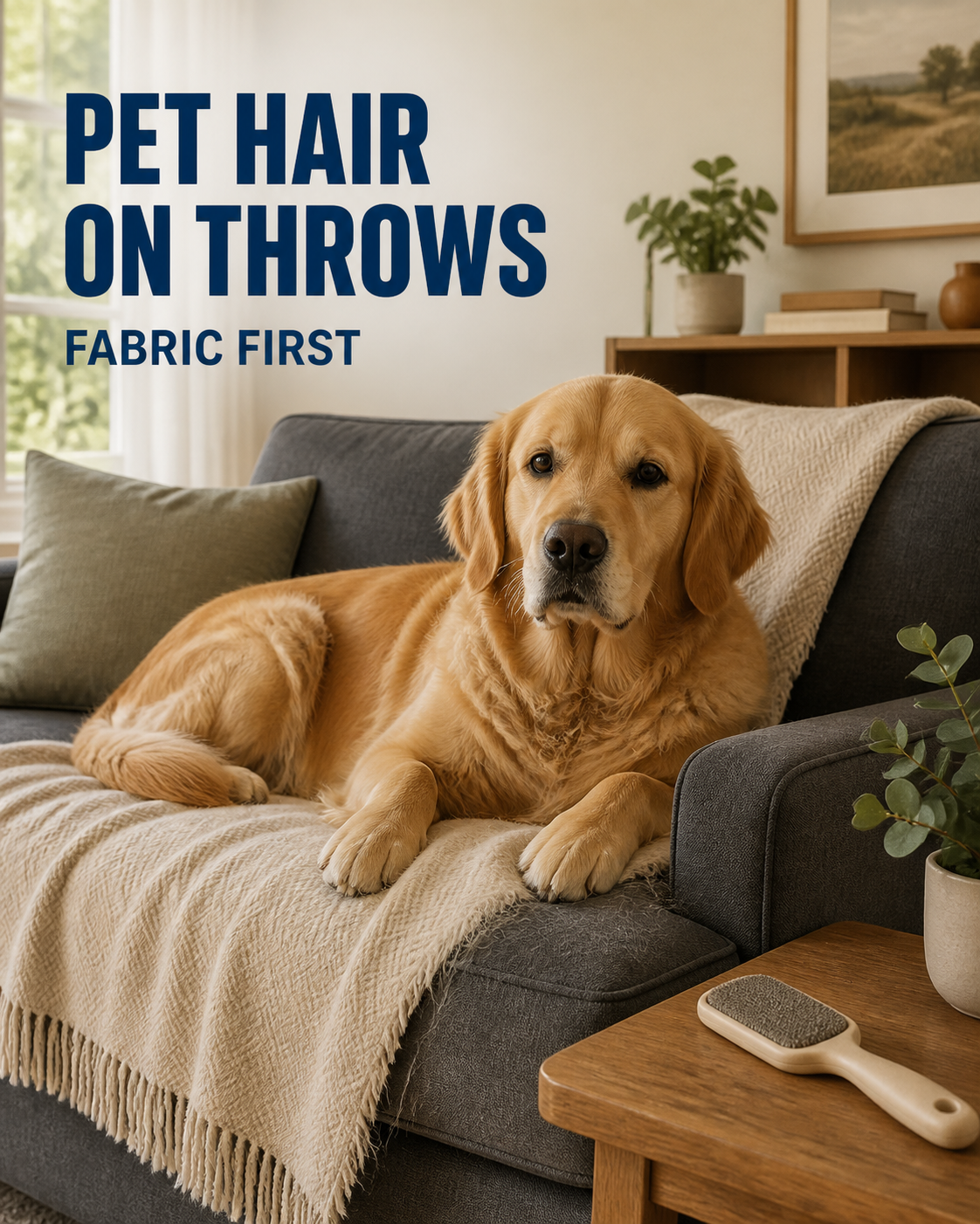 Golden retriever resting on a light beige throw blanket on a charcoal-gray sofa, with a lint brush on a side table.