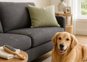 Golden retriever beside a charcoal-gray sofa with visible pet hair and a lint brush on a side table.