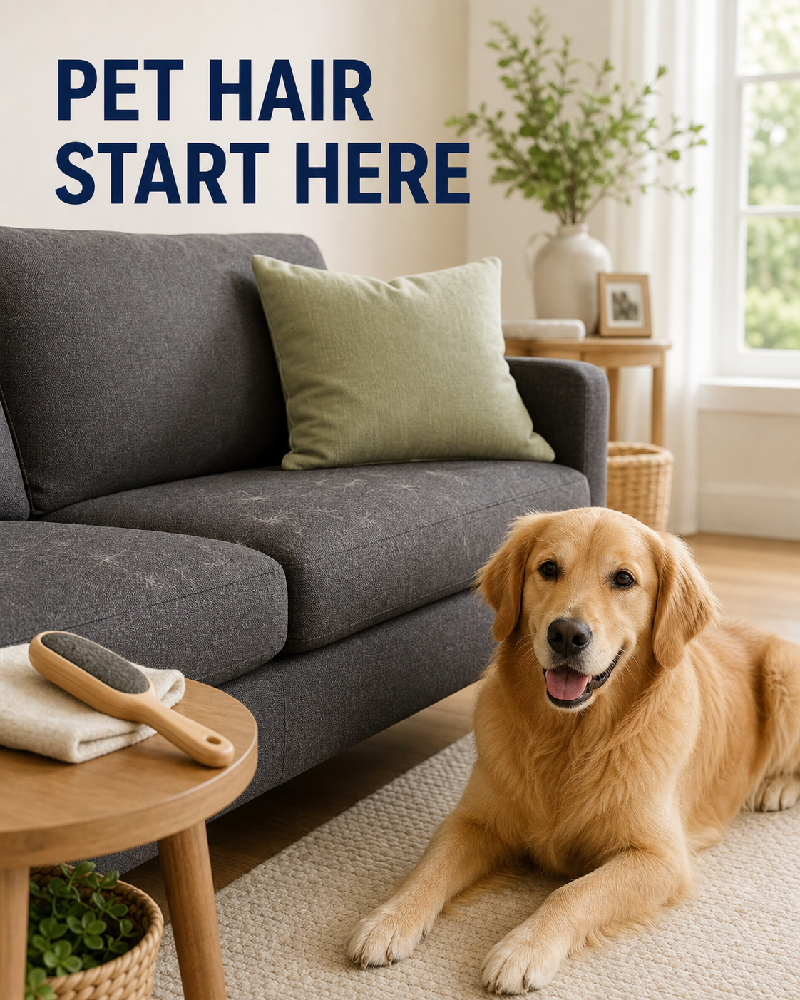 Golden retriever beside a charcoal-gray sofa with visible pet hair and a lint brush on a side table.
