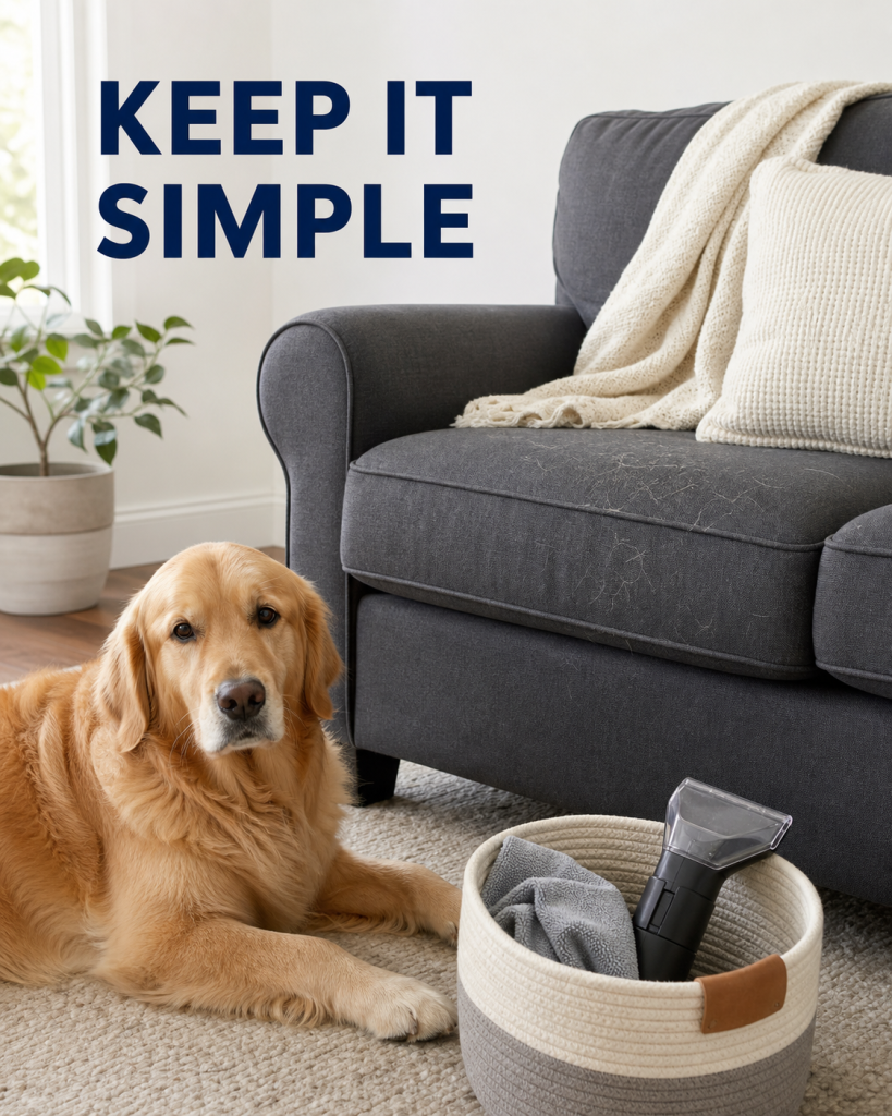 Golden retriever resting beside a pet-hair-covered charcoal-gray chair and a small basket with a cloth and upholstery attachment.