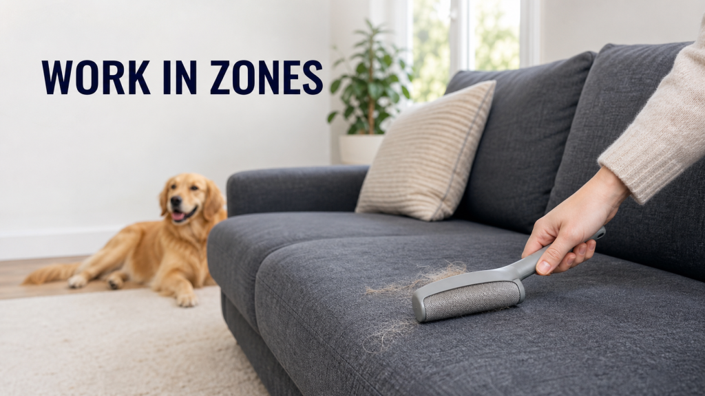 Hand using a lint brush to gather pet hair from a charcoal-gray sofa cushion while a golden retriever rests nearby.