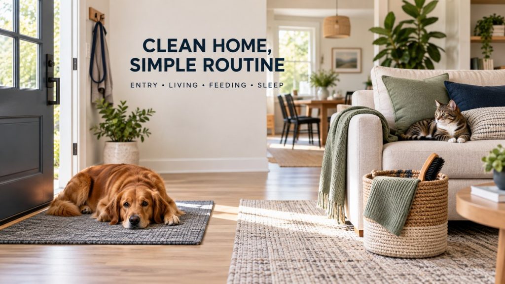 A dog by the entry mat and a cat on the sofa in a bright pet-friendly home organized for simple cleaning routines.