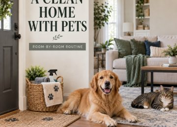 Dog and cat resting between a tidy entryway and living room in a clean pet-friendly home.