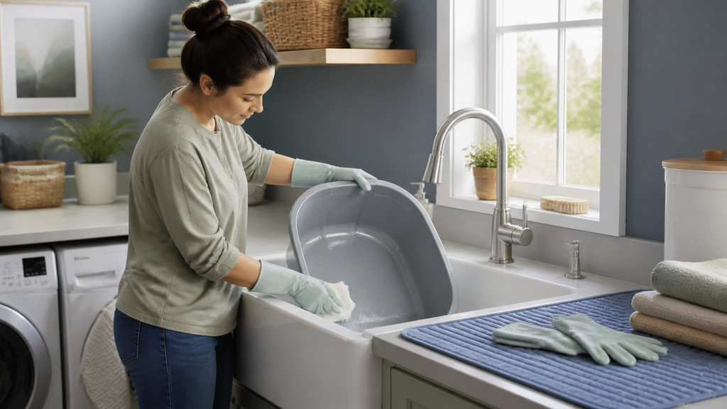 Empty litter box being washed with mild unscented soap and warm water beside clean towels and gloves.