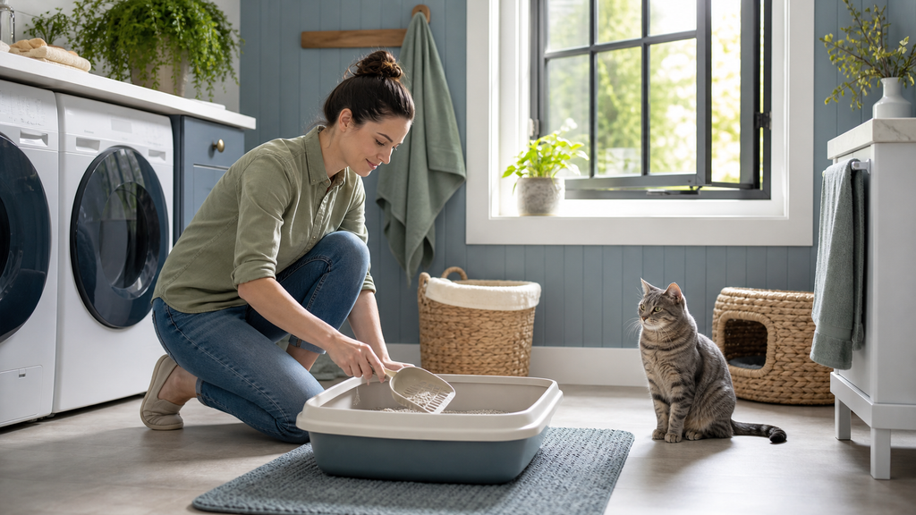 Cat owner scooping an open litter box while a gray tabby waits nearby in a ventilated laundry room.