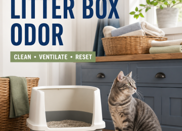 Gray tabby cat beside a clean open litter box in a bright American laundry room with a nearby window.