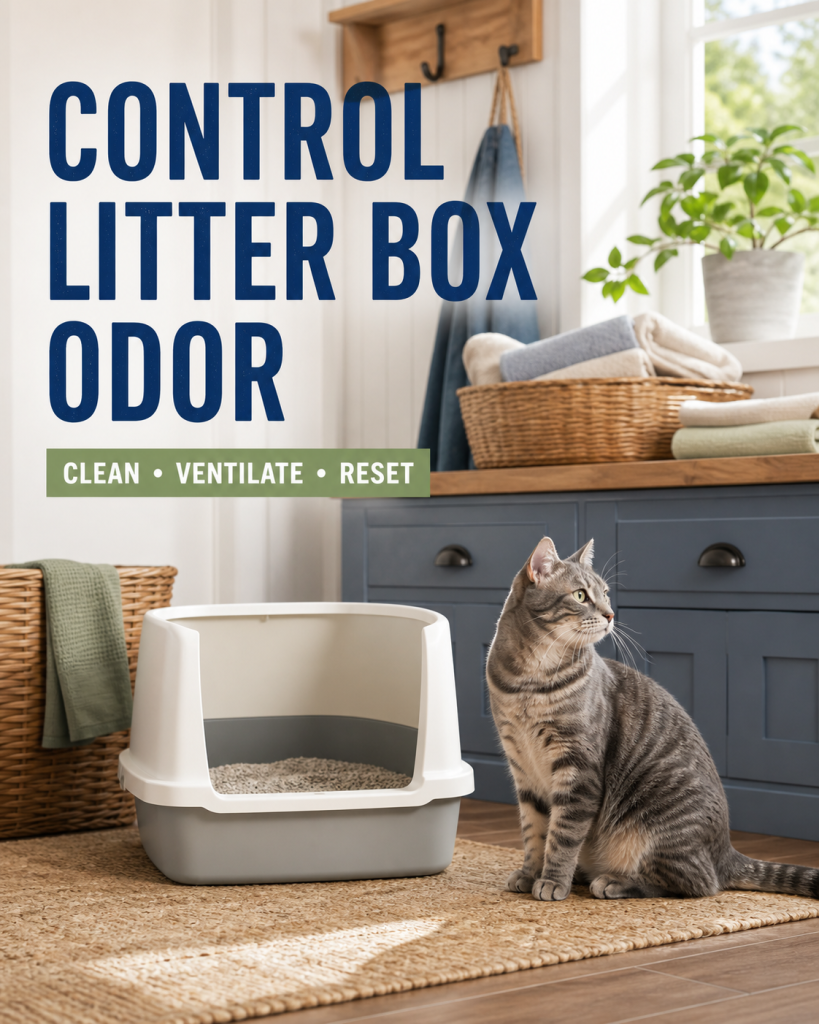 Gray tabby cat beside a clean open litter box in a bright American laundry room with a nearby window.