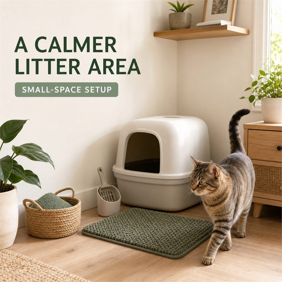 Calm litter box area with a cat, mat, scoop, and ventilation