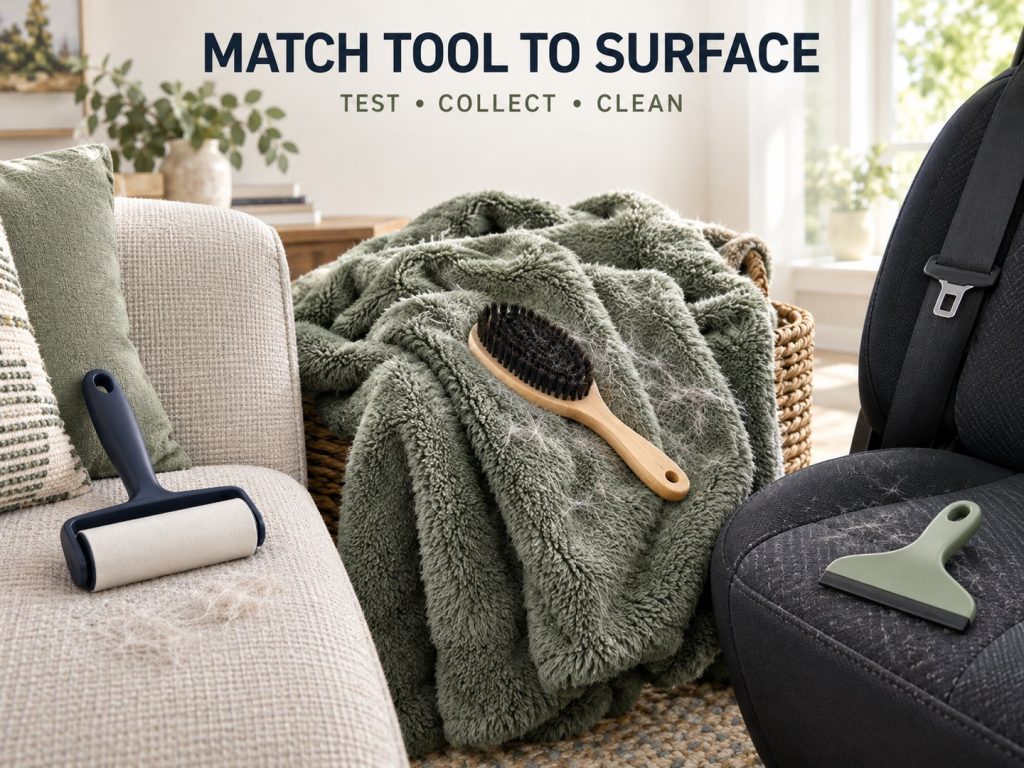 Reusable pet hair tools positioned beside a sofa cushion, blanket, and fabric car seat.