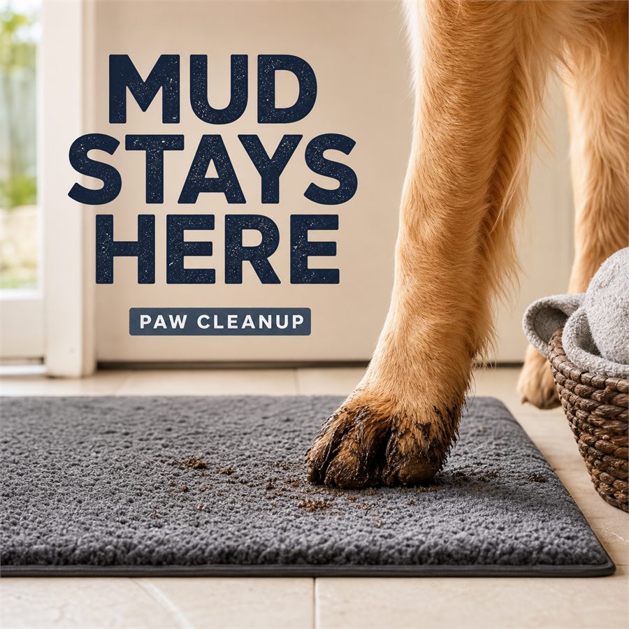 Muddy dog paw on an entry mat for mud and travel cleanup routines