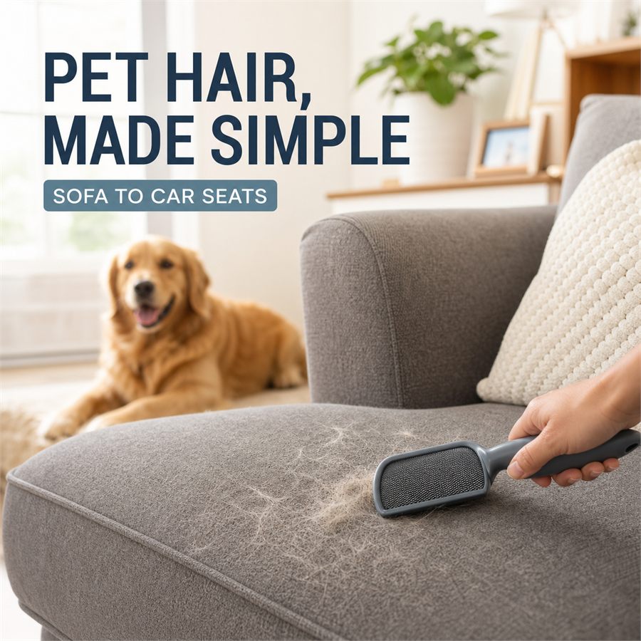 Pet hair being removed from a sofa with a reusable lint tool