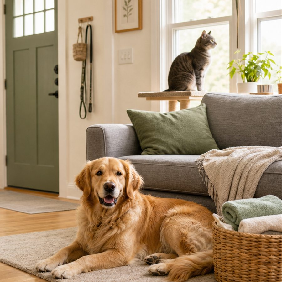 Clean pet-friendly living room with a dog, cat, and organized entryway