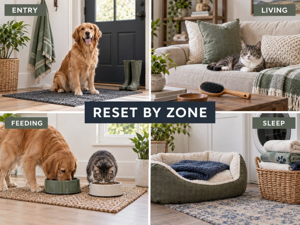 Four pet-home cleaning zones showing an entryway, living room, feeding area, and washable bedding area.
