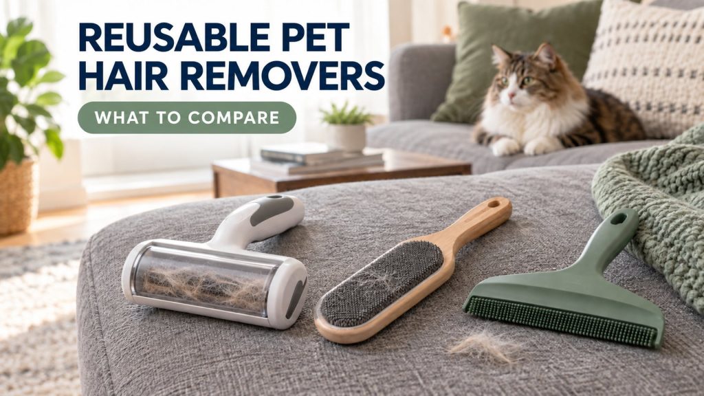 Three styles of reusable pet hair remover beside a fabric sofa with a cat in the background.