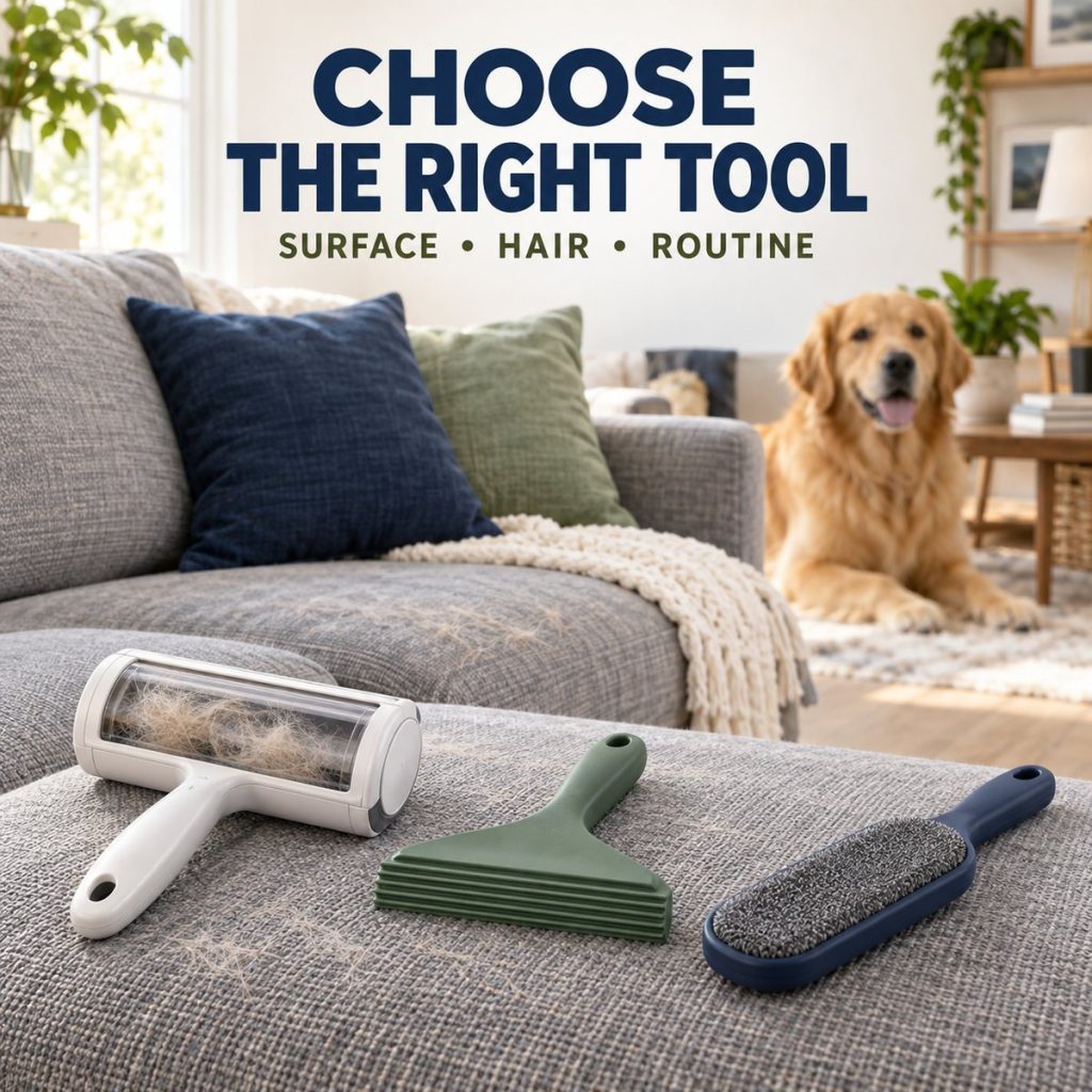 Reusable manual pet hair removal tools arranged beside a fabric sofa in a bright living room.