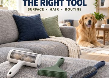 Reusable manual pet hair removal tools arranged beside a fabric sofa in a bright living room.