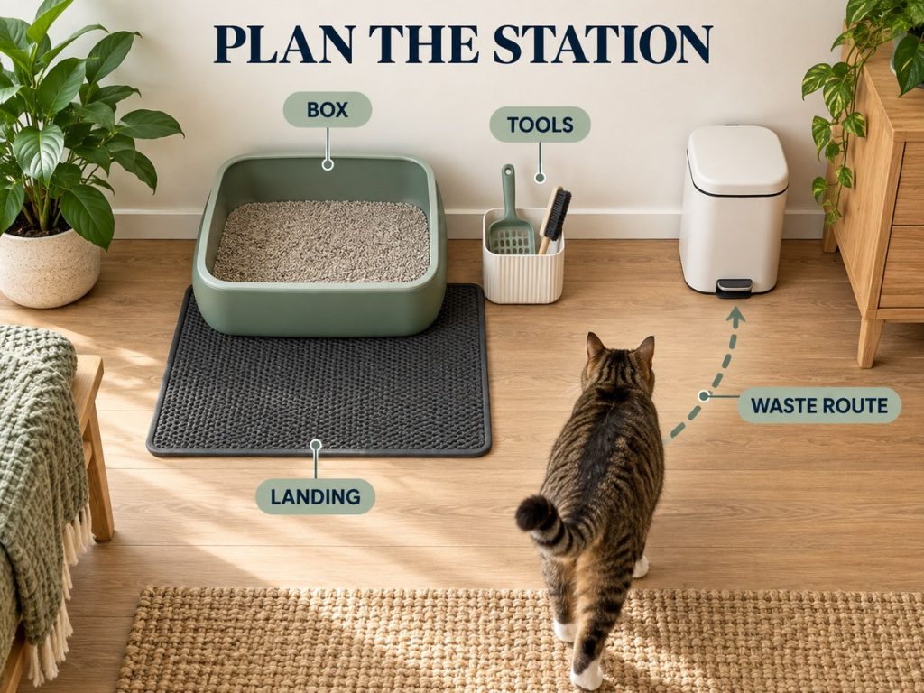 Small-apartment litter station diagram labeling the box, landing area, tools, and waste route.