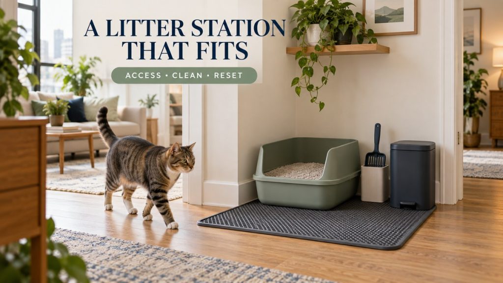 Cat approaching a compact apartment litter station with an open route, landing mat, tools, and covered waste bin.