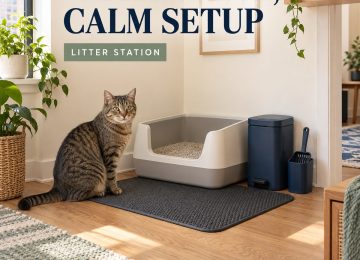 Tabby cat beside an accessible litter box, landing mat, scoop holder, and covered waste bin in a small apartment.
